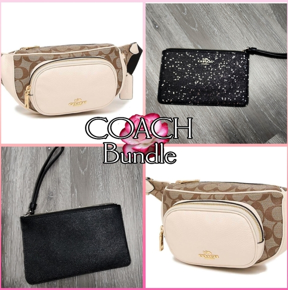 2pc COACH Court Belt  Beige/Cream Bag & Glitter Wristlet Bundle - Picture 1 of 9
